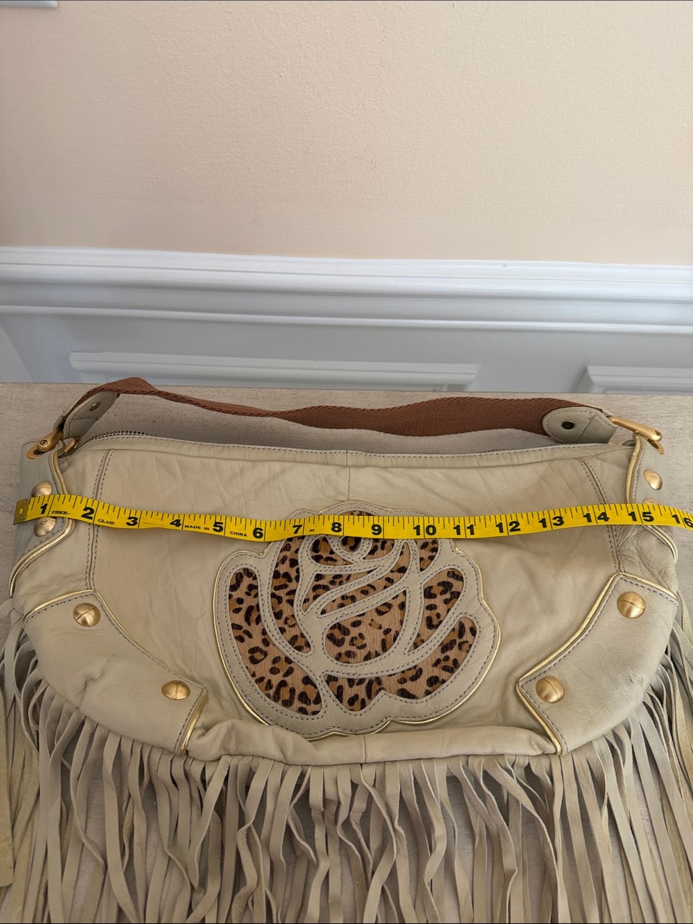 Betsey Johnson Cream Fringe Shoulder Bag with Leopard Rose Cutout - Picture 6 of 7